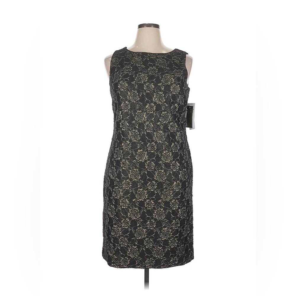 NWT Donna Ricco Black Lace Midi Sheath Dress with Metallic Floral Pattern Sz 14